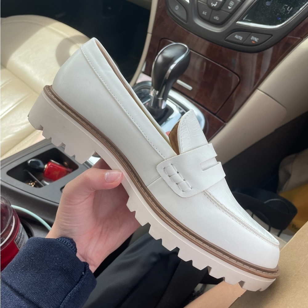 White and Tan Penny Loafers